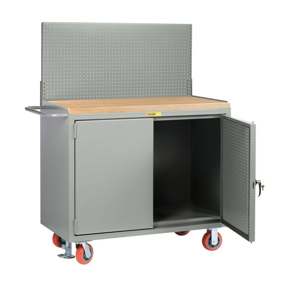 Mobile Bench Cabinets, 36"W, Pegboard Panel Drs, Butcher Blk, Pegboard